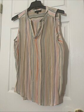 XL Striped V-Neck Sleeveless top in Beige and Pastel Stripes
